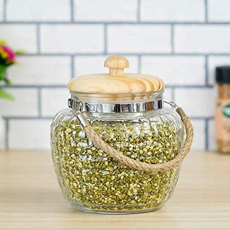 Femora Embossed Glass Jars for Kitchen| Kitchen Storage Jars| Wooden Lid & Jute Chain Glass Jars| 1 Year Warranty| Airtight| Jars for Snacks, Fry Food, Masala, Spice, Pickle, Cookies|1500ml| Set of 6 - Image 5