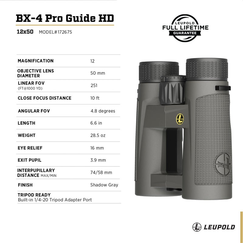 Leupold BX-4 Pro Guide HD Binoculars, 12x50mm, Shadow Gray (172675) - Image 5