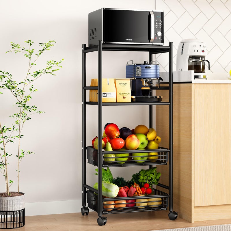 SAYZH Kitchen Microwave Stand Shelf  4 Tiers Metal Bakers Rack with Casters Coffee Bar Station with Storage Black 