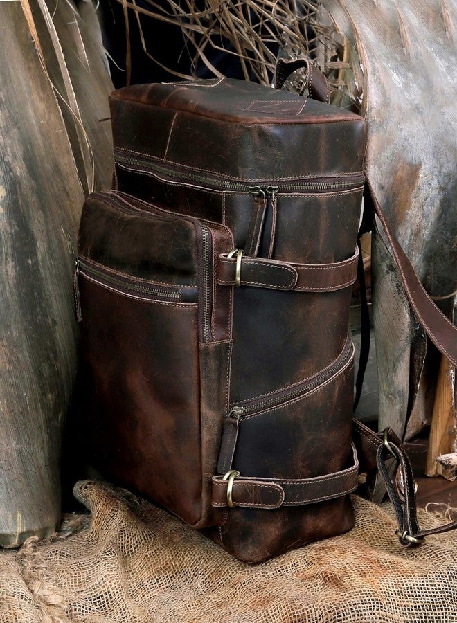 HLC Leather Backpack Genuine Laptop Rucksack For Men Women Genuine Large Capacity Business Retro Travel Camping Daypack Bag (Brown) - Image 3