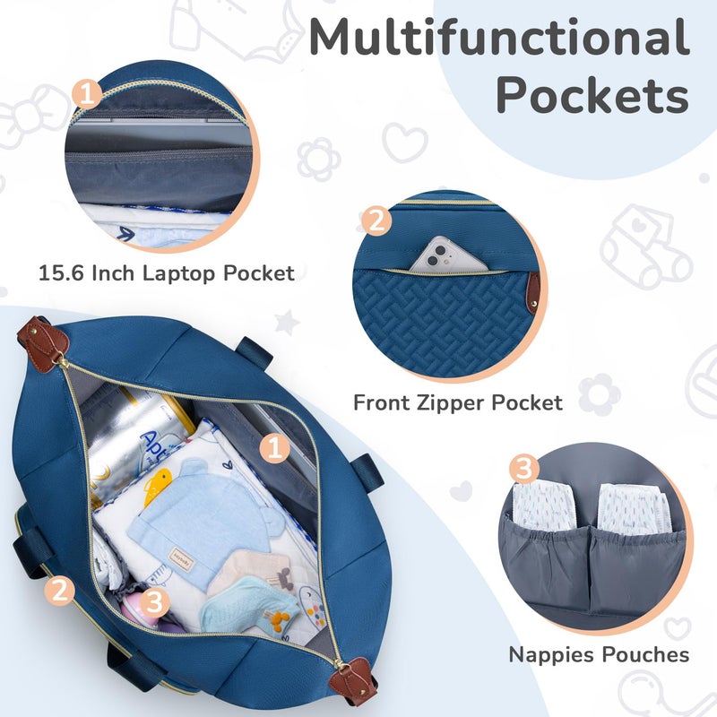 Tenot Diaper Bag Tote, Baby Bag Travel Diaper Tote Bag with Pacifier Case, Cute Maternity Hospital Baby Stylish Diaper Tote for Mom Dad Blue - Image 3