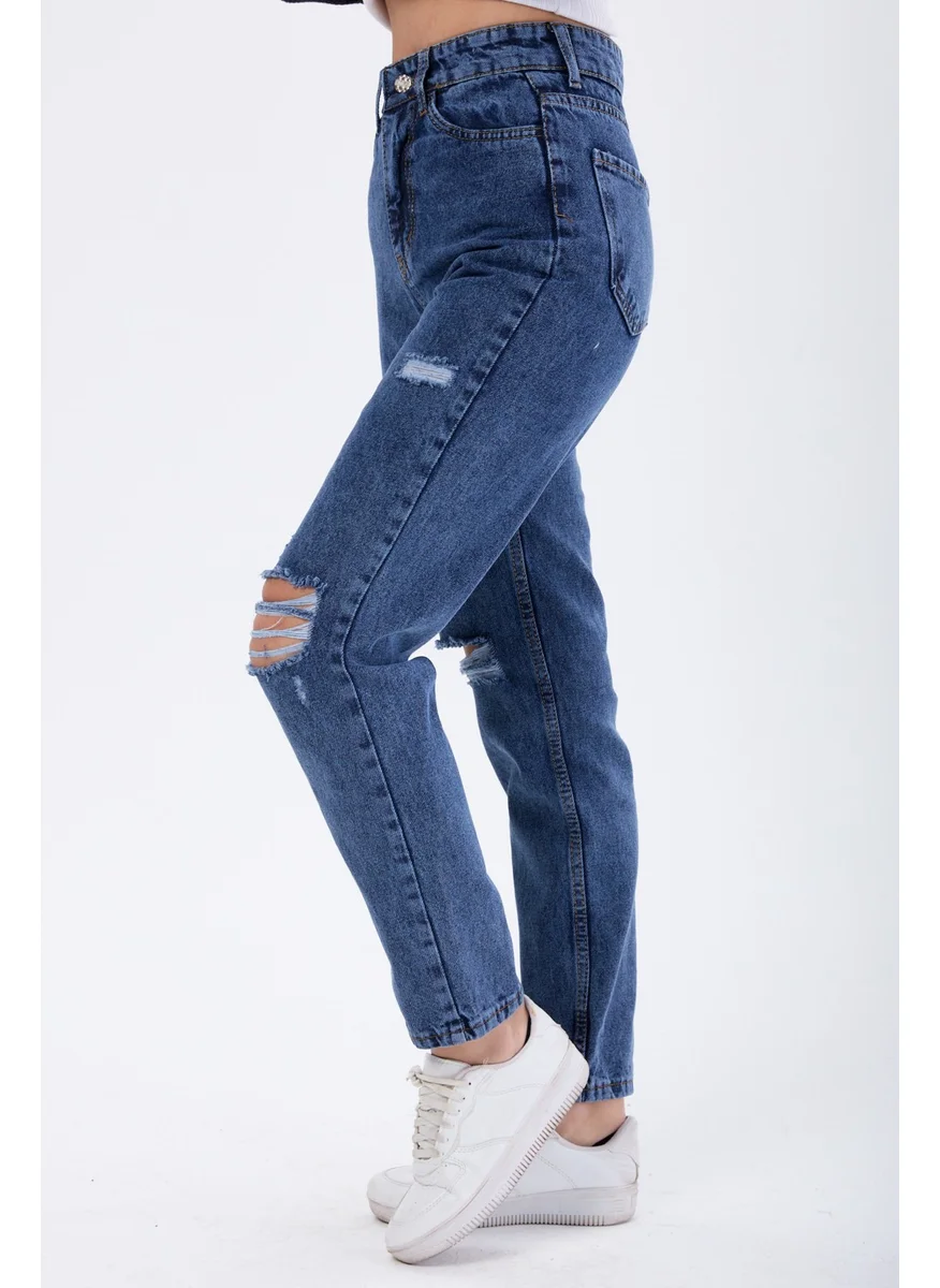 Tofisa 23810-DARK-BLUE Mom Jeans Laser Jeans