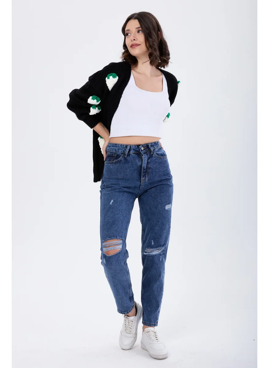 Tofisa 23810-DARK-BLUE Mom Jeans Laser Jeans