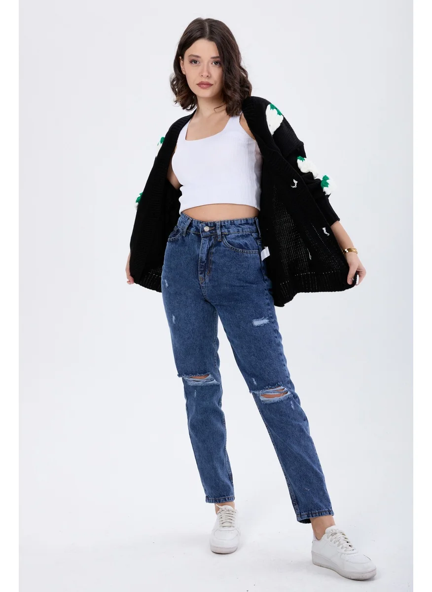 Tofisa 23810-DARK-BLUE Mom Jeans Laser Jeans