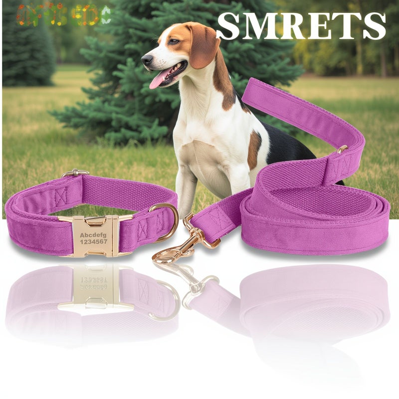 Personalized Green Dog Leash And Collar Set Xl With Free Name And Phone Number Engraving For Small To Large Dogs Soft Velvet Fabric With Stylish Metal Buckles Fashionable Unique Gift - Image 2