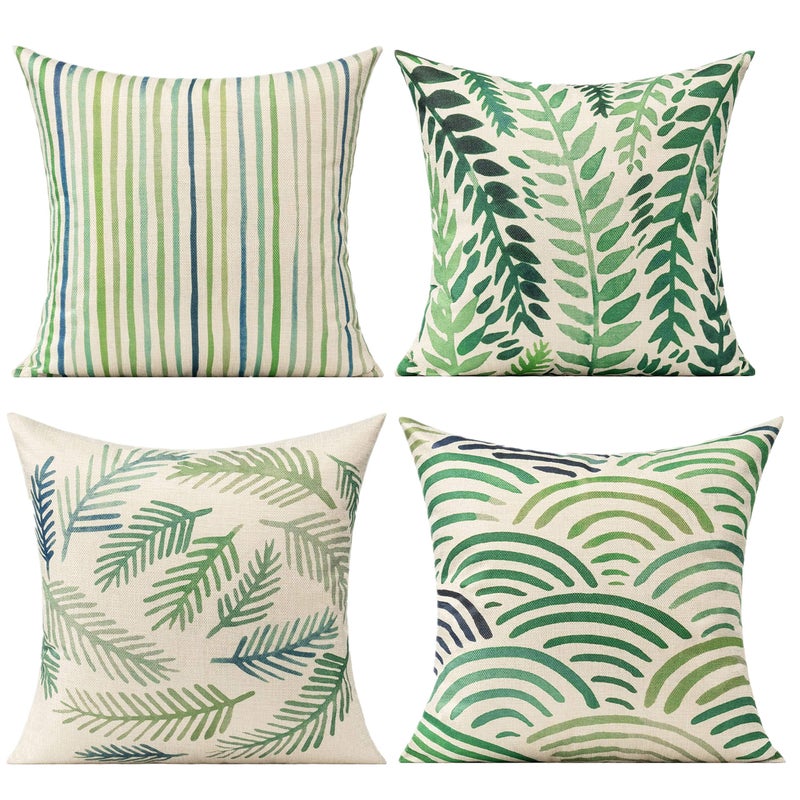 All Smiles Outdoor Throw Pillow Covers for Patio Funitures Spring Summer Green Decor Accent Pillows for Porch Bench 18 x 18 Set of 4 Tropical Forest Cushions - Image 1