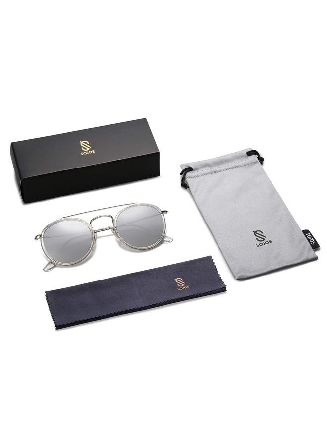 Sojos Retro Vintage Round Polarized Sunglasses For Women Men Small Double Bridge Circle Sunnies Sj1104, Silver/Silver  - Image 5