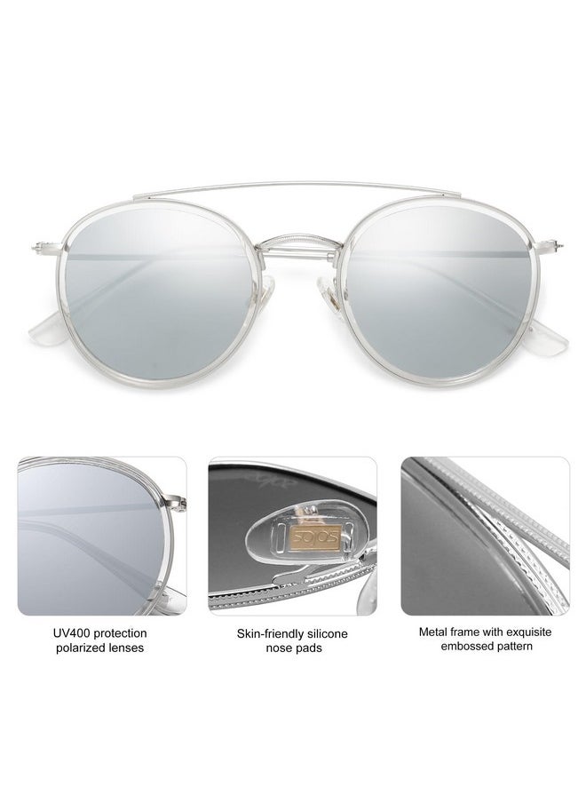 Sojos Retro Vintage Round Polarized Sunglasses For Women Men Small Double Bridge Circle Sunnies Sj1104, Silver/Silver  - Image 3