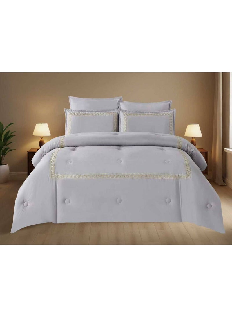 طقم لحاف مقاس كينج، 6 قطع، تصميم مطرز، لحاف مقاس 220x240 سم، شرشف مطاطي مقاس 200x200 سم، غطاء وسادة مقاس 50x75 سم