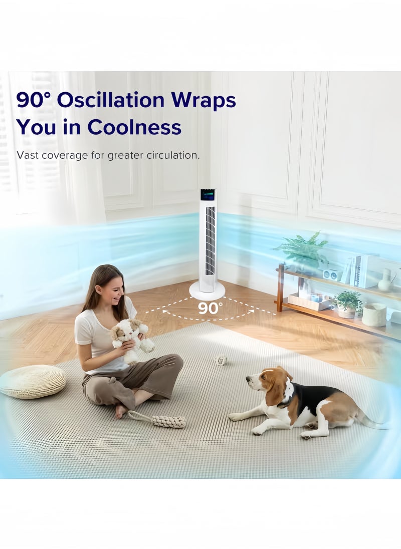 Tower Fan with Remote, 90° Oscillation Bladeless Standing Fan,27ft/s High-Speed 34dB Quiet Floor Fan Pedestal Fans with 3 Speeds, 3 Modes, 12H Timer，Temperature LED Display White