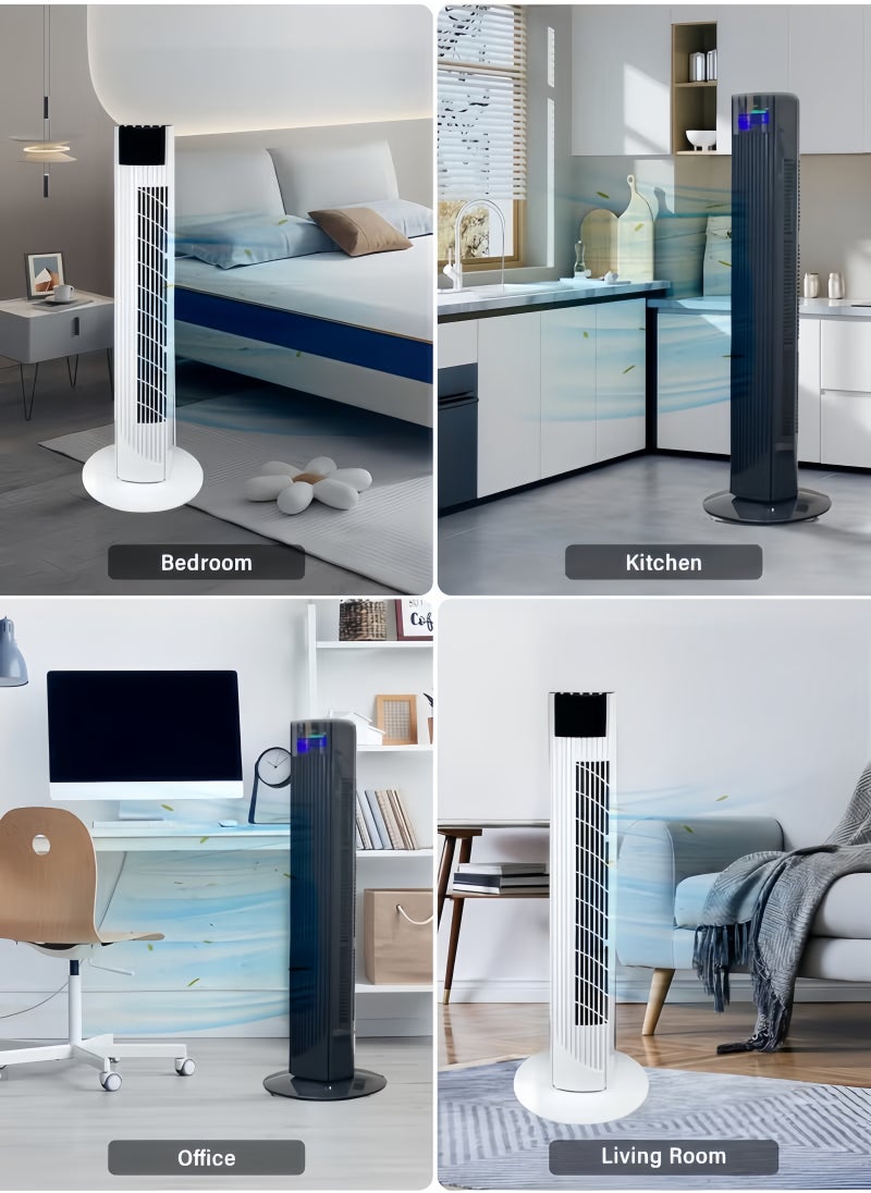 Tower Fan with Remote, 90° Oscillation Bladeless Standing Fan,27ft/s High-Speed 34dB Quiet Floor Fan Pedestal Fans with 3 Speeds, 3 Modes, 12H Timer，Temperature LED Display White