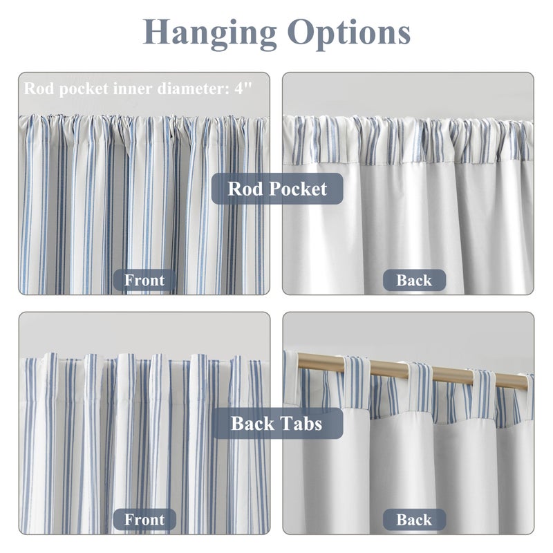 ZJDECOR 63 Inch Blue Striped Full Blackout Window Curtain Panels,Blue Stripe on White Cotton Blended Light Filteirng Fabric,Room Darkening Window Treatment for Bedroom,Rod Pocket Back Tab,55"Wx63"Lx2 - Image 4