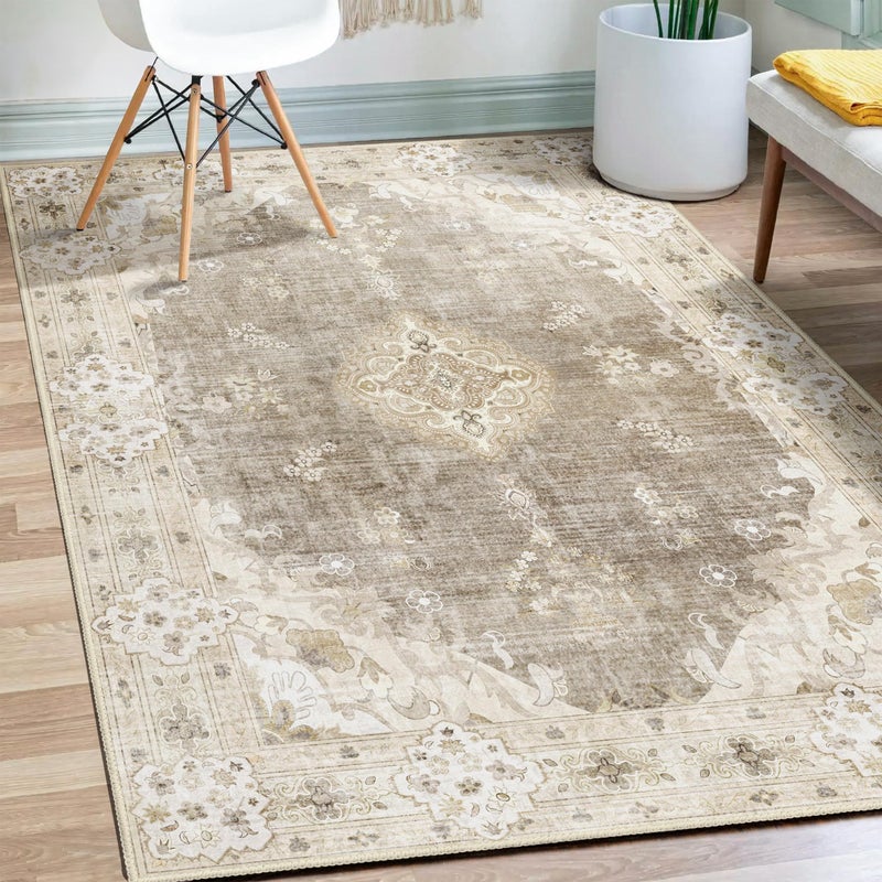 MUJOO Beige Rug 3x5 Washable Boho Area Rugs for Entryway Bedroom Living Room KitchenSmall Vintage Bohemian Distressed Farmhouse Non Slip CarpetFloral