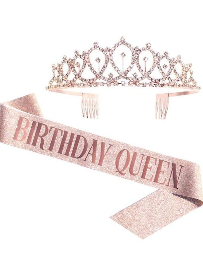YOUHUAGUO Rose Gold Birthday Girl Queen Sash Tiara Crown Set for Women Girls Birthday Party Favor Gift - Image 1