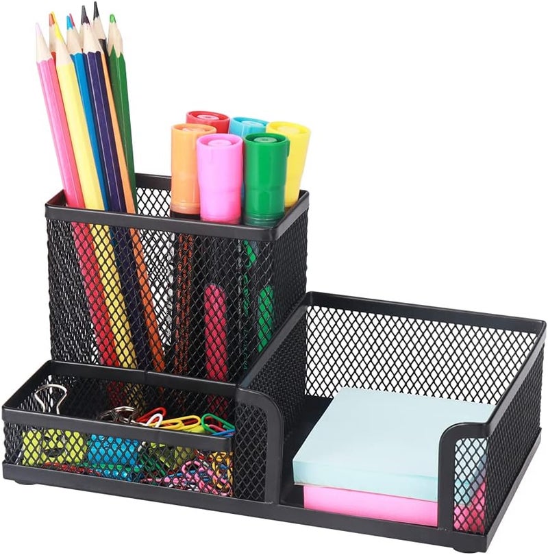 VIUJUH Desk Pencil Holders Desk Organizer Office Supplies Caddy with Sticky Notes Holder for Office School Home 3 Compartments Black - Image 1