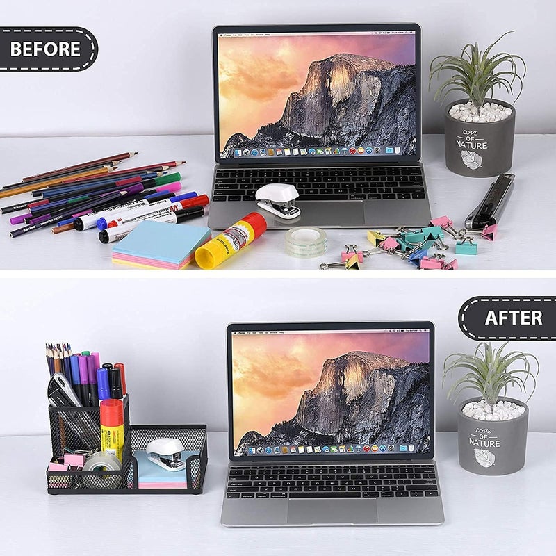VIUJUH Desk Pencil Holders Desk Organizer Office Supplies Caddy with Sticky Notes Holder for Office School Home 3 Compartments Black - Image 4