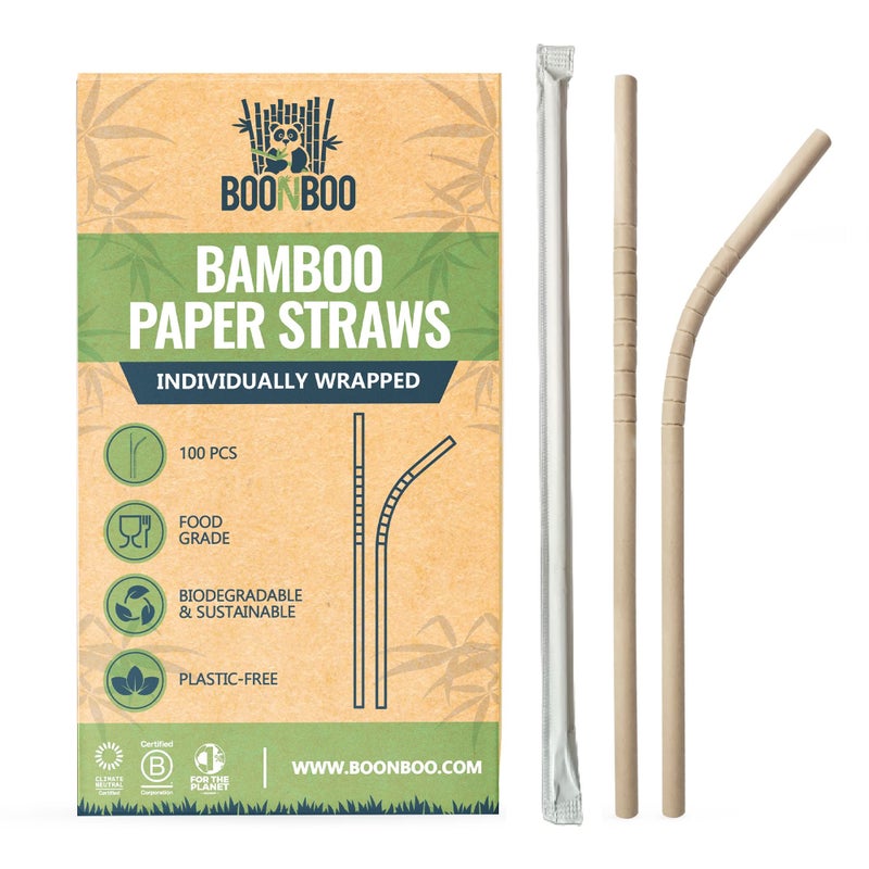 BOONBOO Bamboo Paper Straws Individually Wrapped Bendable PFASFree 100 Counts