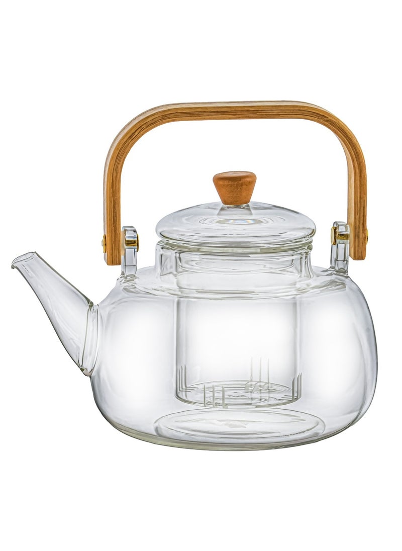 BASURRAH Heat-resistant wooden handle transparent glass teapot with strainer 
