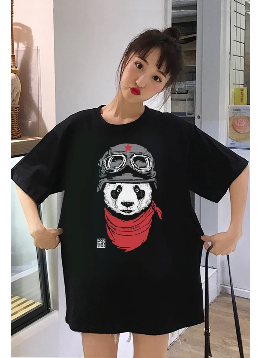 Rock&Roll Bandana Panda Oversize Black Short Sleeve Women's T-Shirt