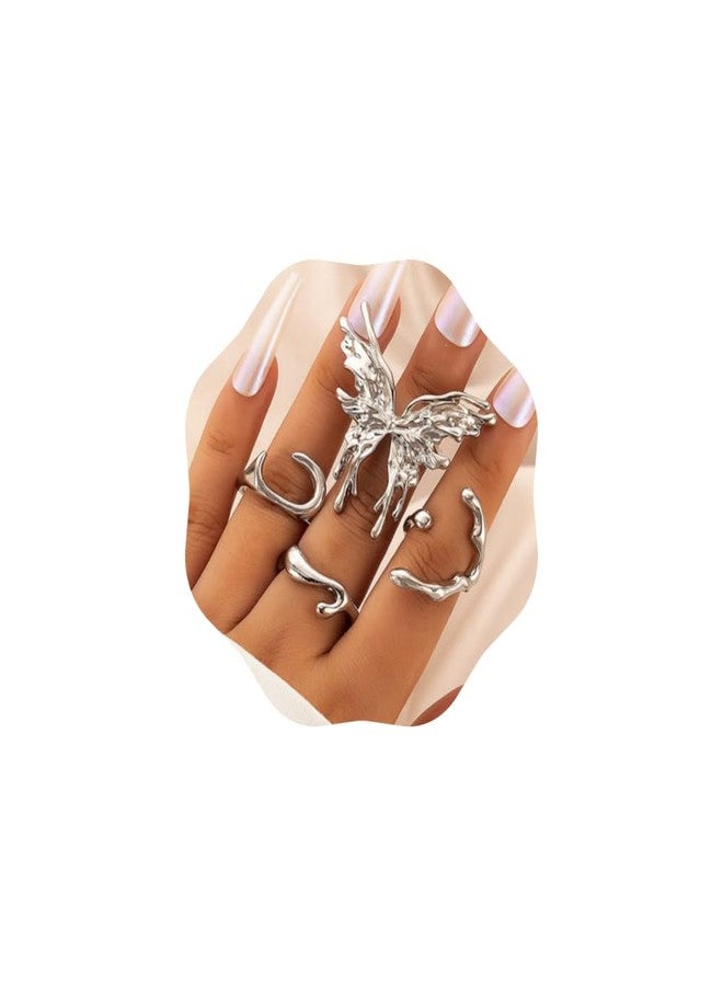 Chargances 4pcs Punk Large Butterfly Finger Rings Vintage Silver Stackable Butterfly Knuckle Rings Fahsion Irregular Shape Mid Rings for Women - Image 1
