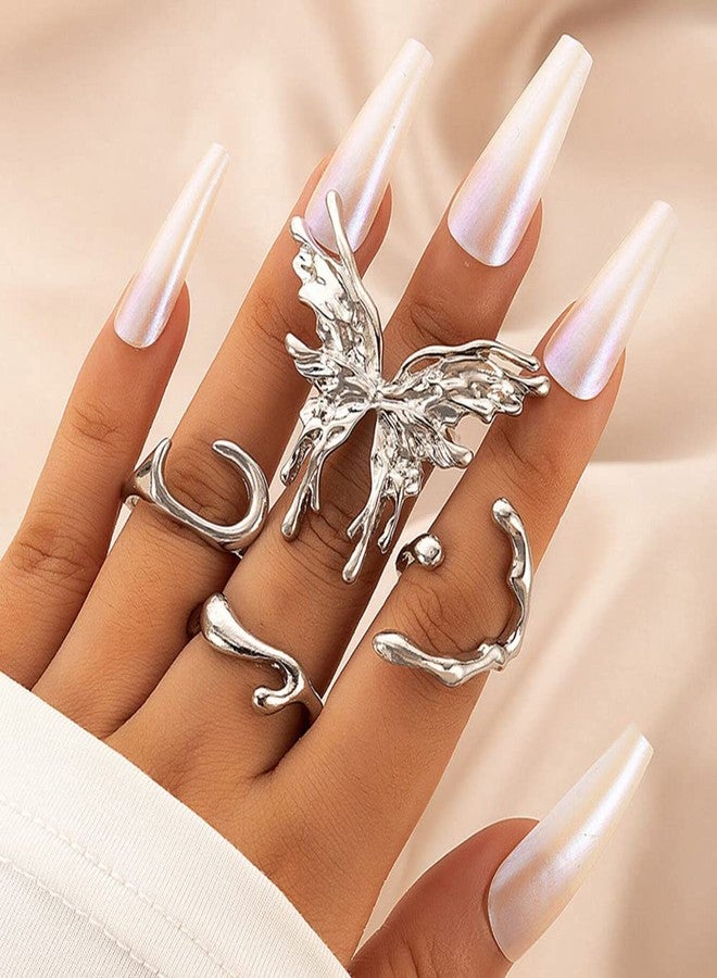 Chargances 4pcs Punk Large Butterfly Finger Rings Vintage Silver Stackable Butterfly Knuckle Rings Fahsion Irregular Shape Mid Rings for Women - Image 2