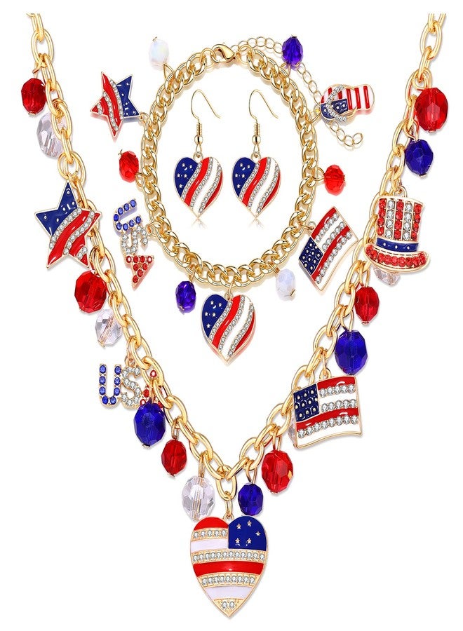 boderier 4th of July Jewelry Set American Flag Charm Choker Necklace Bracelets Heart Dangle Earrings Patriotic Jewelry for Women Memorial Independence Day Gifts - Image 1