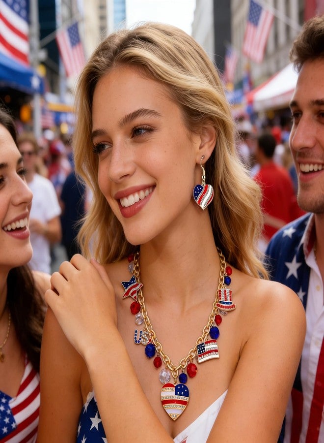 boderier 4th of July Jewelry Set American Flag Charm Choker Necklace Bracelets Heart Dangle Earrings Patriotic Jewelry for Women Memorial Independence Day Gifts - Image 2
