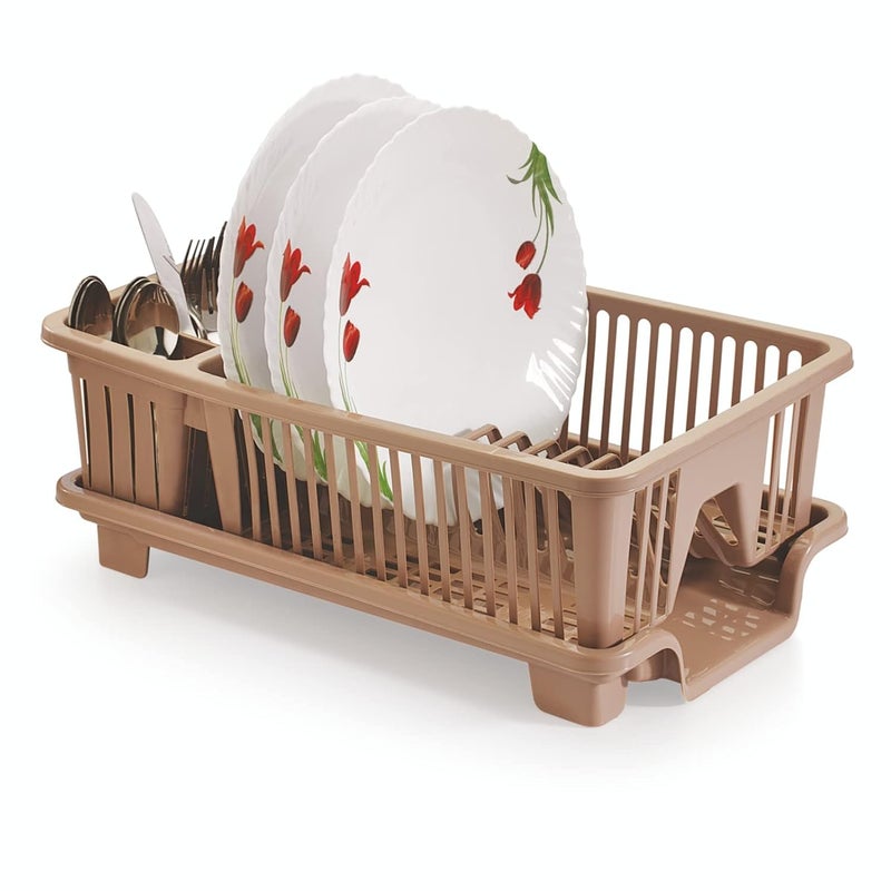 SKi Homeware Multipurpose Plastic Dish Drainer Drying Rack with 3 Slots for Knife Fork and 12 Plates Slot Sink Organisers for Kitchen Brown - Image 1