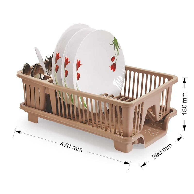 SKi Homeware Multipurpose Plastic Dish Drainer Drying Rack with 3 Slots for Knife Fork and 12 Plates Slot Sink Organisers for Kitchen Brown - Image 3