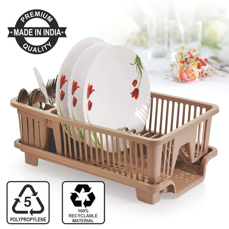 SKi Homeware Multipurpose Plastic Dish Drainer Drying Rack with 3 Slots for Knife Fork and 12 Plates Slot Sink Organisers for Kitchen Brown - Image 4
