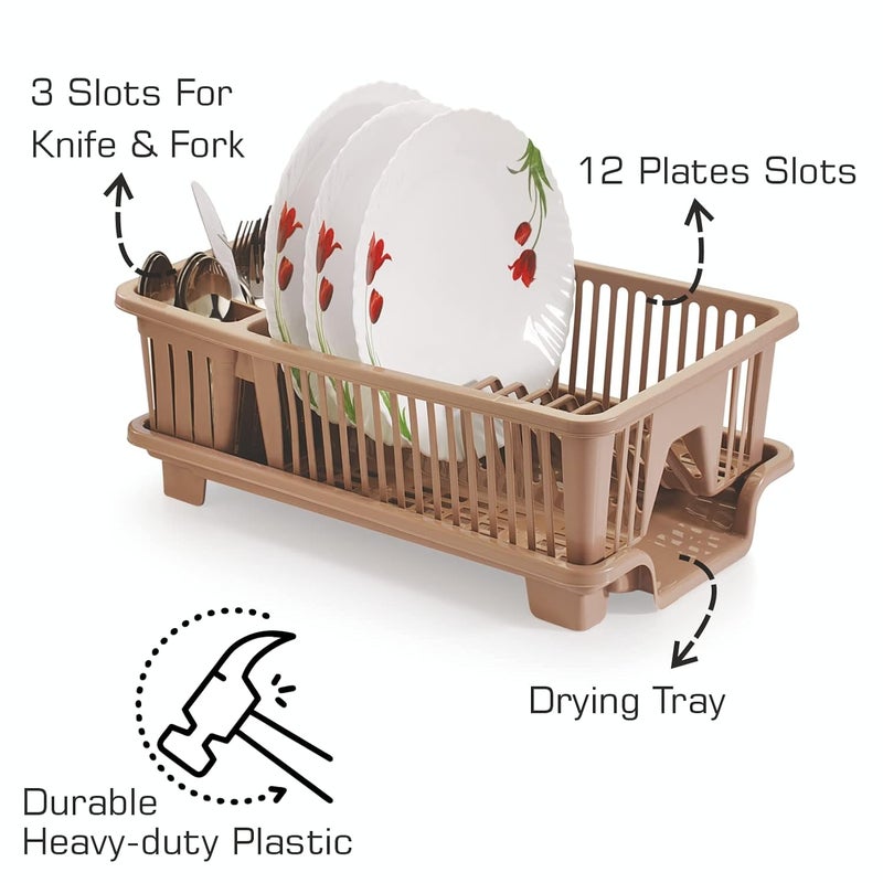 SKi Homeware Multipurpose Plastic Dish Drainer Drying Rack with 3 Slots for Knife Fork and 12 Plates Slot Sink Organisers for Kitchen Brown - Image 2