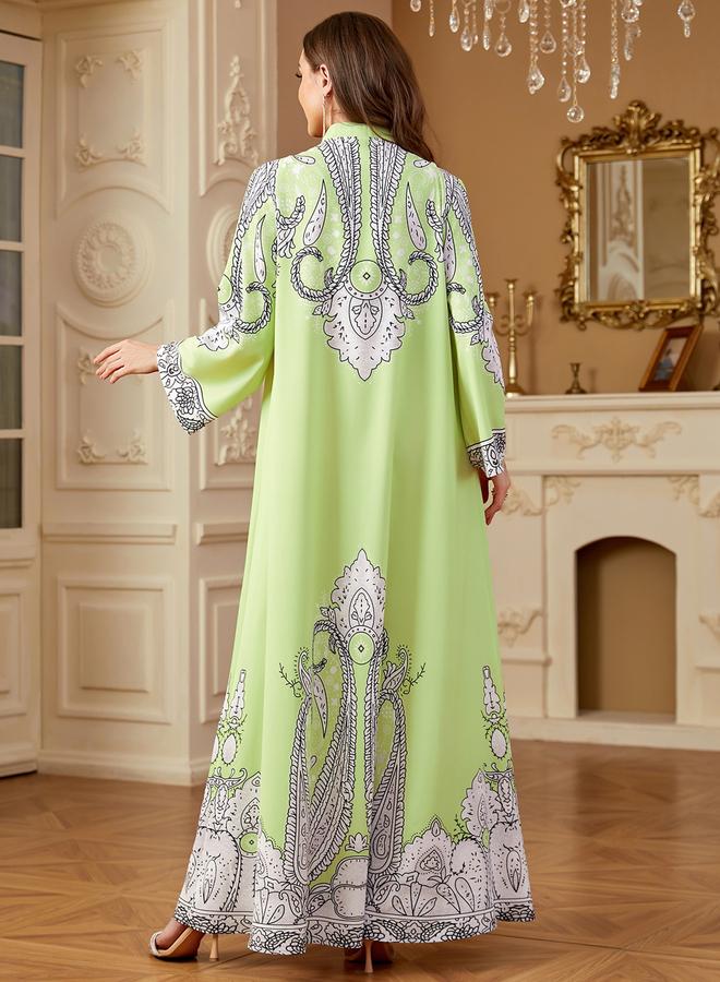 Take Two Green Printed Collared Jalabiya with Faux Pearl Detail - Image 3