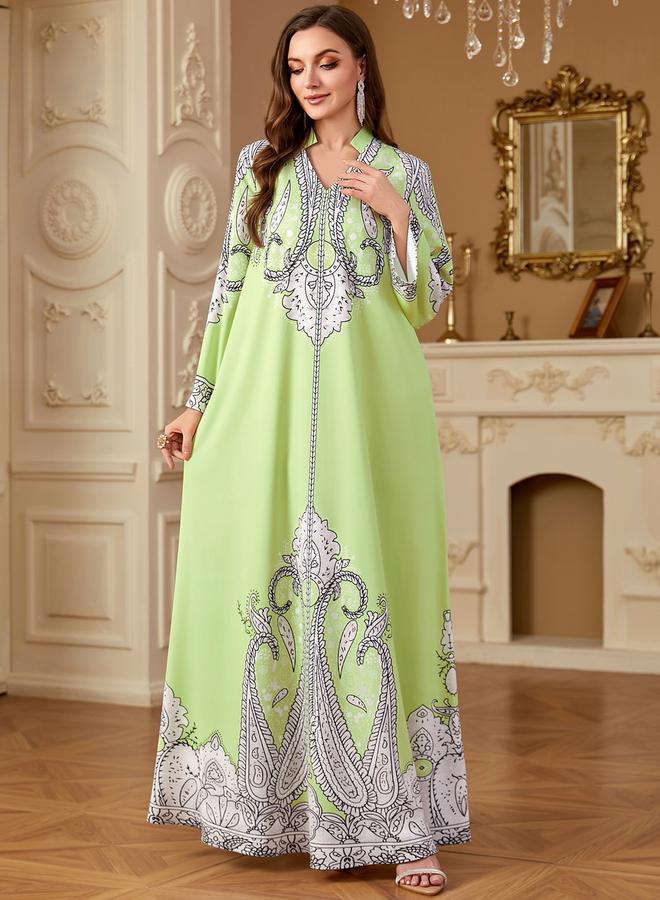 Take Two Green Printed Collared Jalabiya with Faux Pearl Detail - Image 1