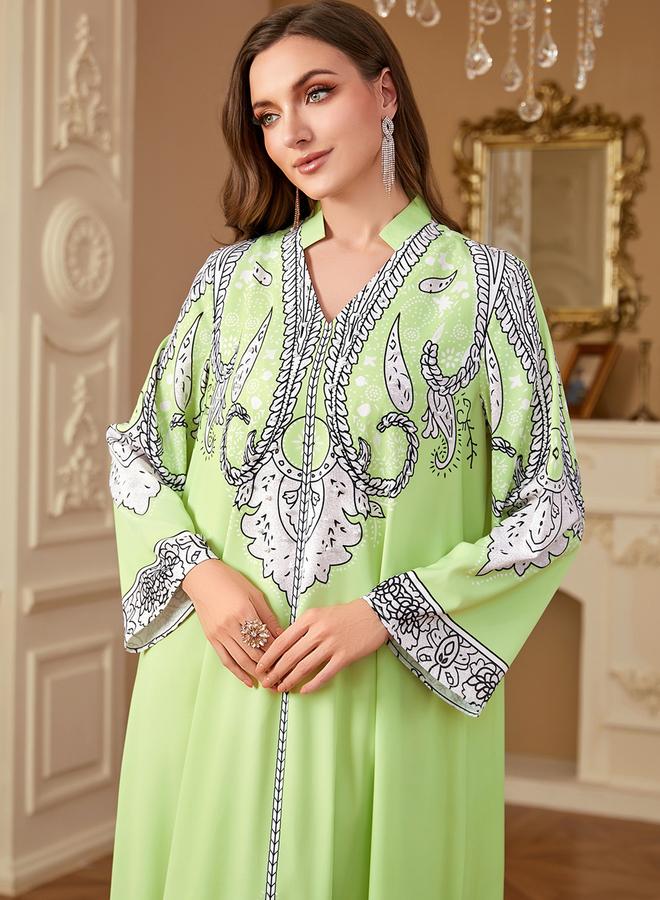 Take Two Green Printed Collared Jalabiya with Faux Pearl Detail - Image 2