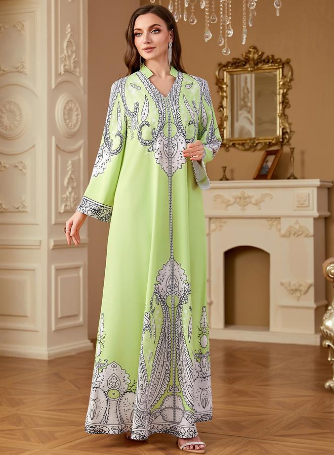 Take Two Green Printed Collared Jalabiya with Faux Pearl Detail - Image 4