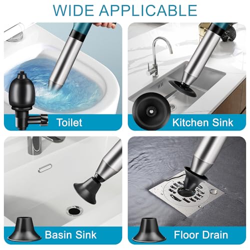 Omont Toilet Plunger Drain Clog Remover: High Pressure Air Drain Blaster Gun Drain Clog Remover Tool- Stainless Steel Air Plunger for Bathroom, Sink, Floor, Kitchen Clogged - Image 5