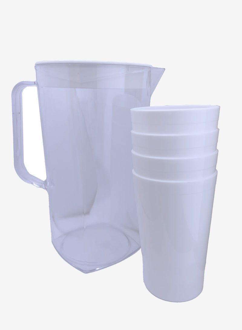 هوبي طقم إبريق جك مشروبات مع 4 كاسات 2لتر إكريليك أبيض