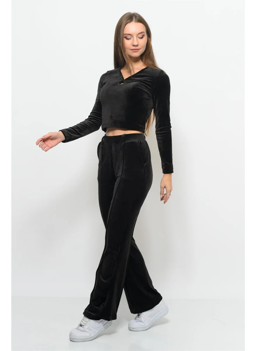 Nuseel Women's Soft Velvet Pants-Blouse Bottom Top Two Piece Set Black