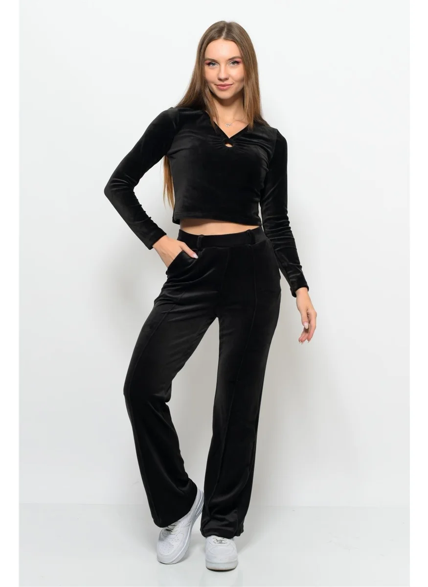 Nuseel Women's Soft Velvet Pants-Blouse Bottom Top Two Piece Set Black