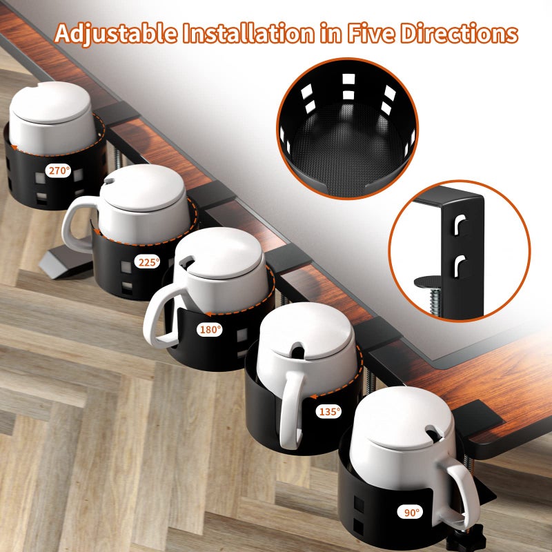 OOKUU Upgraded Large Desk Cup Holder Clamp, OOKUU Anti-Spill Table Cup Holder, Metal Office & PC Gaming Desk Accessories, Compatible with Universal Cup, Bottles, Pencil Holder (Black) - Image 4