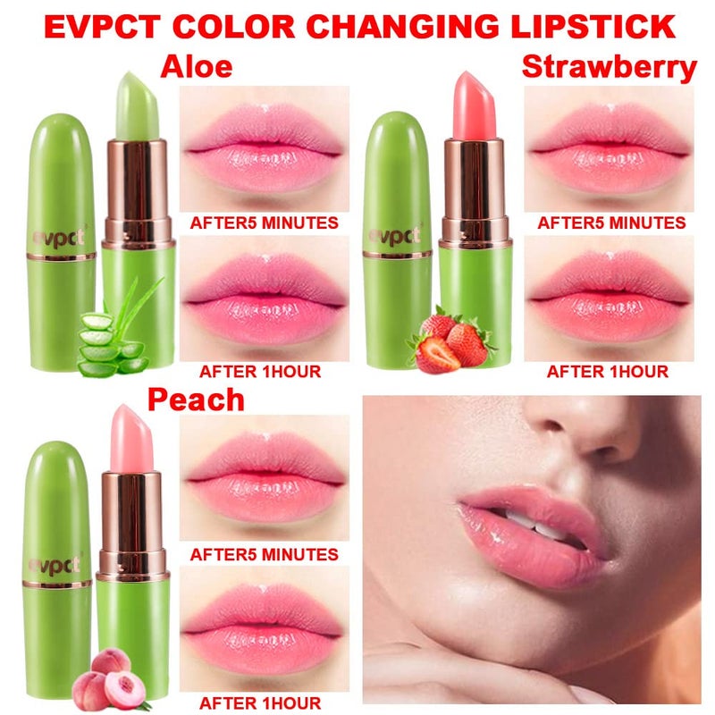 evpct 3Pcs Magic Color Changing Lipstick Long Lasting Waterproof 24 Hours Original for Women, Aloe Vera Strawberry Peach Pink PH Mood Permanent Color Changing Lipstick Lip Balm Gloss, labial magico - Image 3