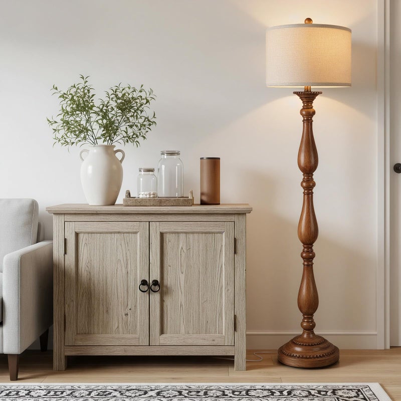 PARTPHONER Vintage Floor Lamp for Living Room, Rustic Farmhouse Standing Lamp with Rotary Switch and Linen Shade, Retro Resin Floor Lamp for Bedroom, Corner, Dining Room, House Decor, Wood Grain - Image 5