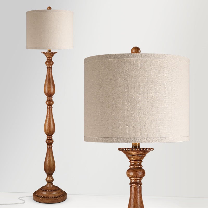 PARTPHONER Vintage Floor Lamp for Living Room, Rustic Farmhouse Standing Lamp with Rotary Switch and Linen Shade, Retro Resin Floor Lamp for Bedroom, Corner, Dining Room, House Decor, Wood Grain - Image 3