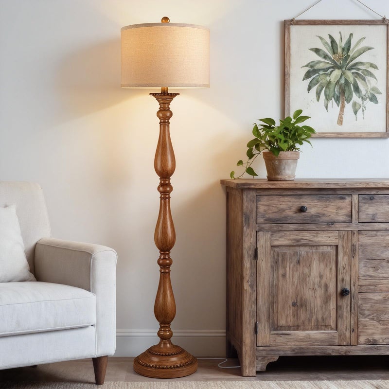 PARTPHONER Vintage Floor Lamp for Living Room, Rustic Farmhouse Standing Lamp with Rotary Switch and Linen Shade, Retro Resin Floor Lamp for Bedroom, Corner, Dining Room, House Decor, Wood Grain - Image 4
