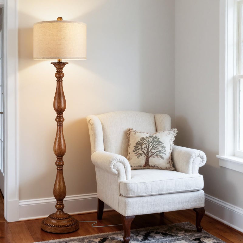 PARTPHONER Vintage Floor Lamp for Living Room, Rustic Farmhouse Standing Lamp with Rotary Switch and Linen Shade, Retro Resin Floor Lamp for Bedroom, Corner, Dining Room, House Decor, Wood Grain - Image 1
