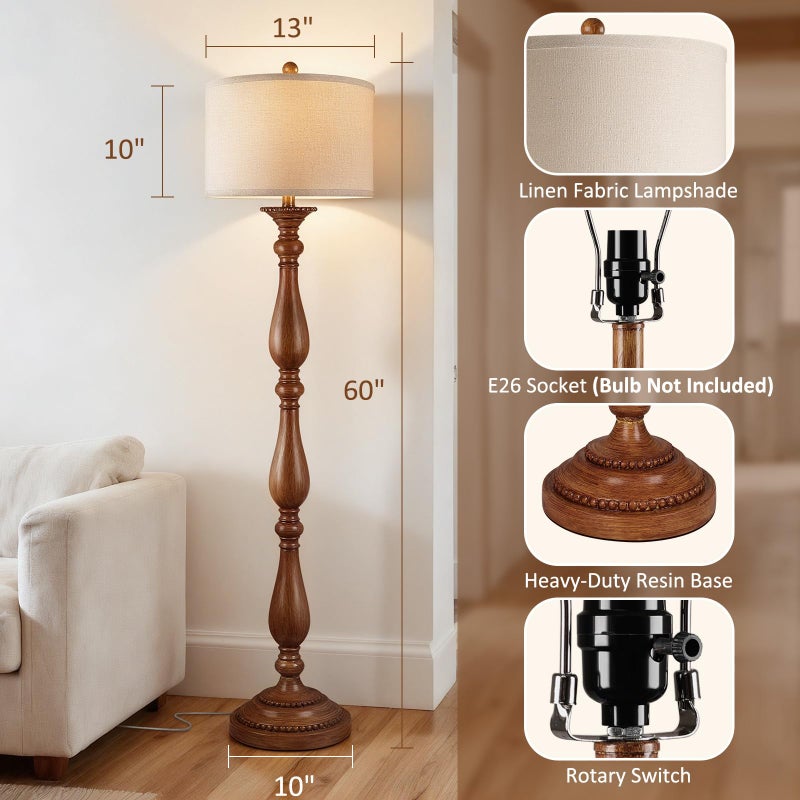 PARTPHONER Vintage Floor Lamp for Living Room, Rustic Farmhouse Standing Lamp with Rotary Switch and Linen Shade, Retro Resin Floor Lamp for Bedroom, Corner, Dining Room, House Decor, Wood Grain - Image 2