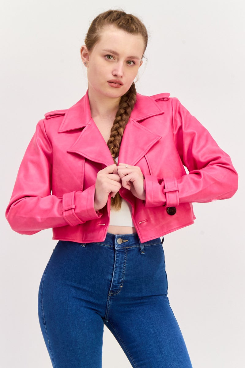 Avec Les Filles Women Plain Motorcycle Jacket, Pink - Image 1