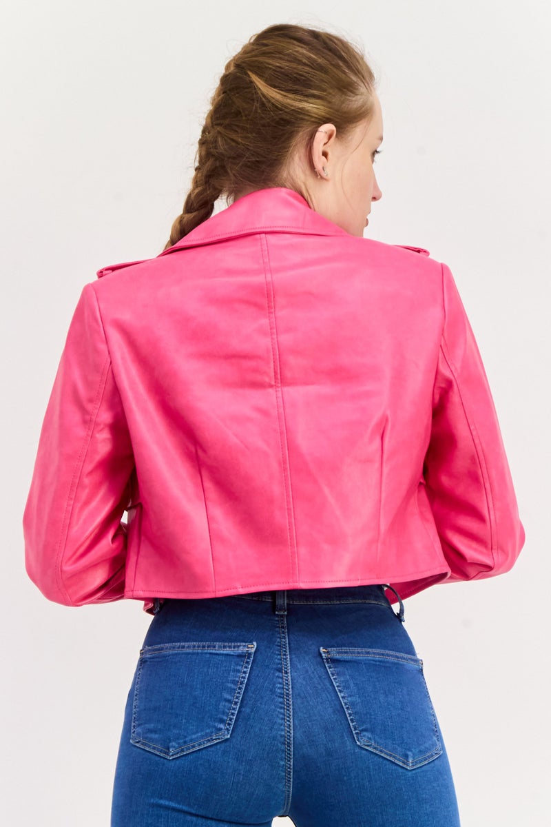 Avec Les Filles Women Plain Motorcycle Jacket, Pink - Image 3