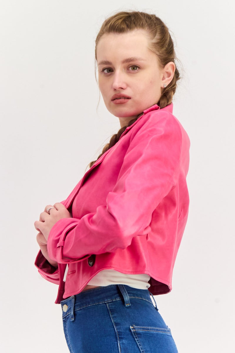 Avec Les Filles Women Plain Motorcycle Jacket, Pink - Image 2