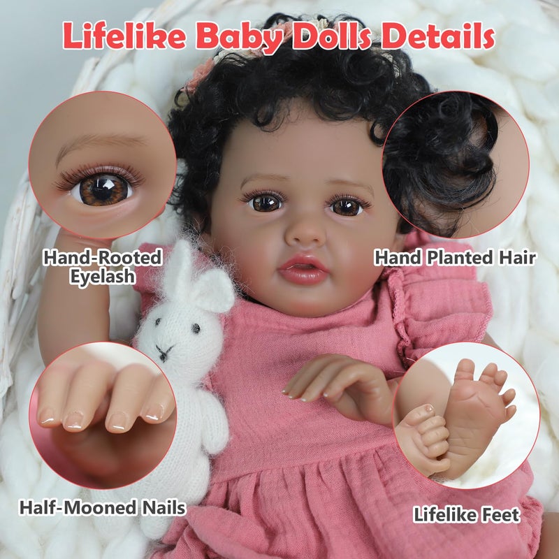 SCOM 18 Inch Reborn Baby Doll Black Girl - Realistic African American Girl, Real Lifelike Dolls with Soft Weighted Body, Poseable Real Baby Reborn Gift Toy for 3+ Years Old Kids - Image 5